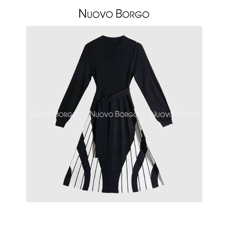 Nuovo Borgo 黑白V纹提花腰带气质显瘦A字摆长袖连衣裙S84/19216 