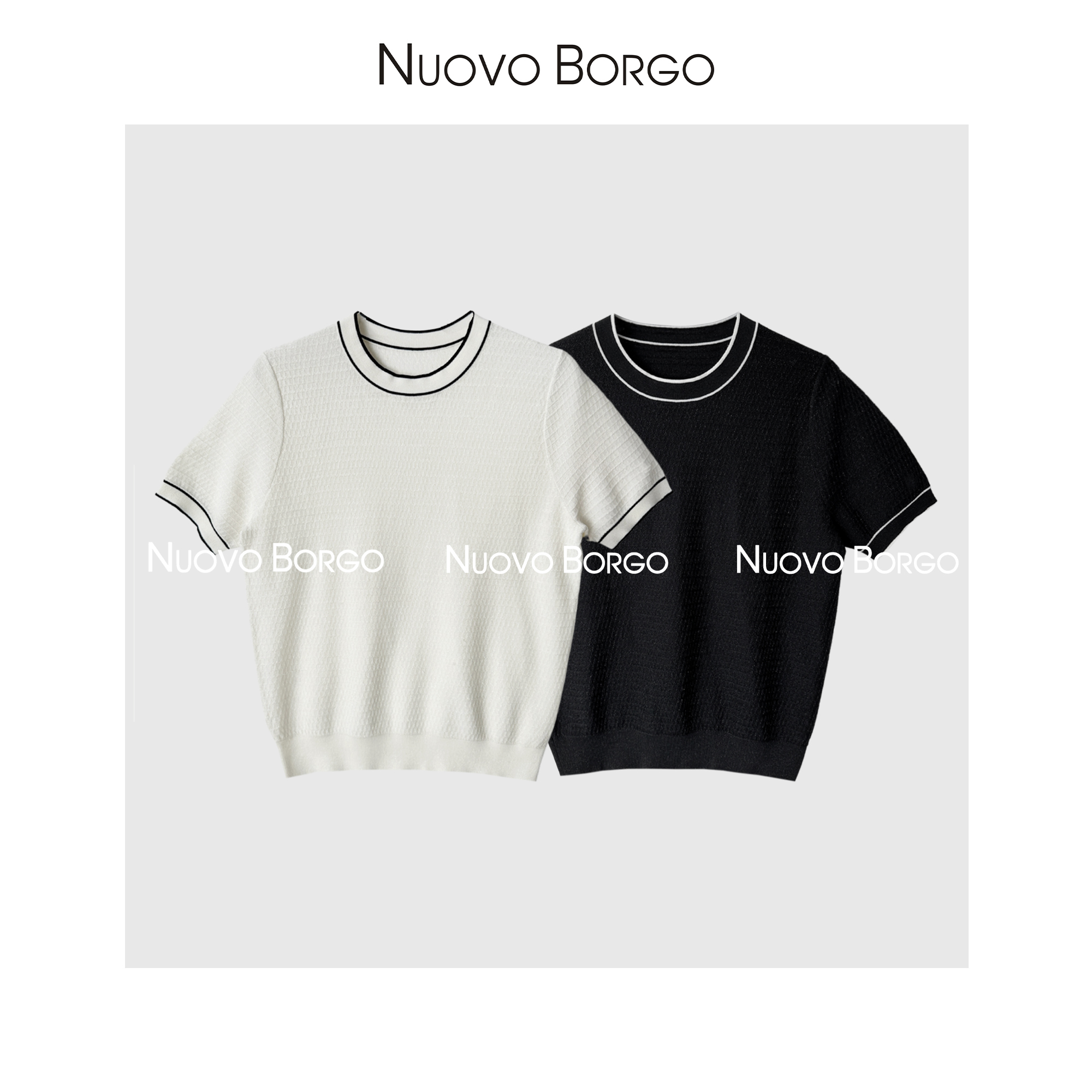 Nuovo Borgo 提花圆领短袖针织衫简约通勤拼色修身T恤女 H47/0099