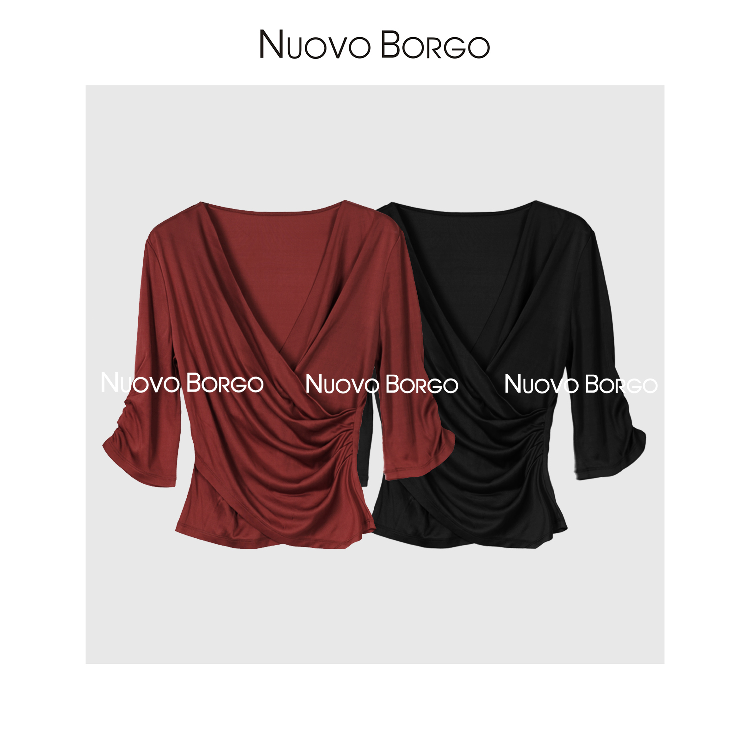 Nuovo Borgo叠襟V领褶皱醋酸T恤不规则设计收腰显瘦上衣J140/0119