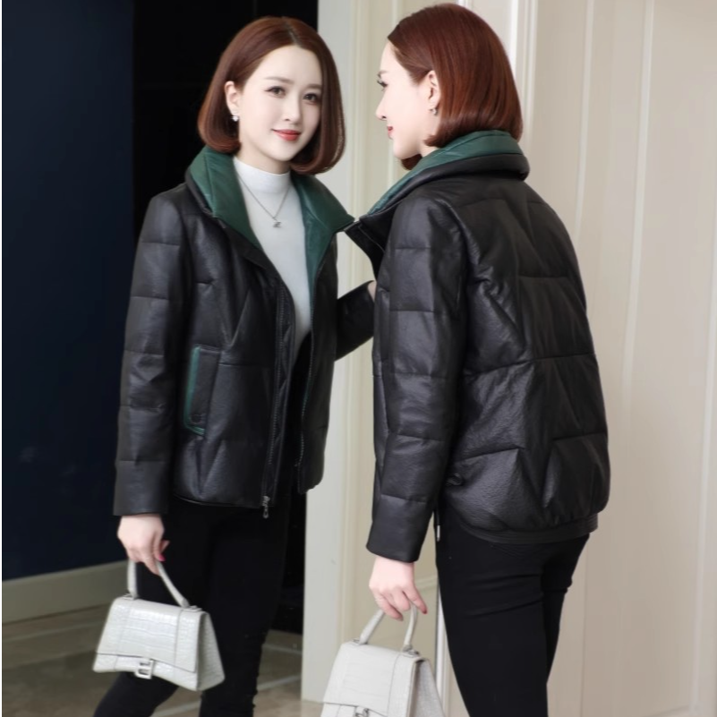 海宁真皮羽绒服女2025冬季新款时尚撞色石头纹头层绵羊皮短外套