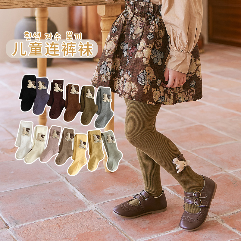儿童打底裤女童23秋冬新款纯色a类棉竖条日韩女童连裤袜修身可爱