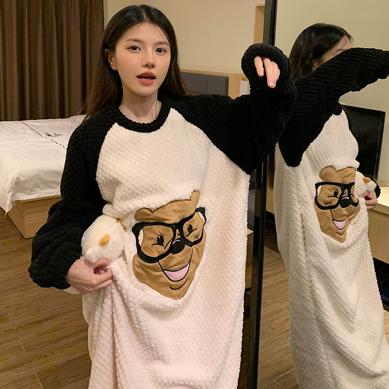 ins风珊瑚绒睡裙女加绒加厚中长款过膝秋冬季睡裙女款甜美家居服