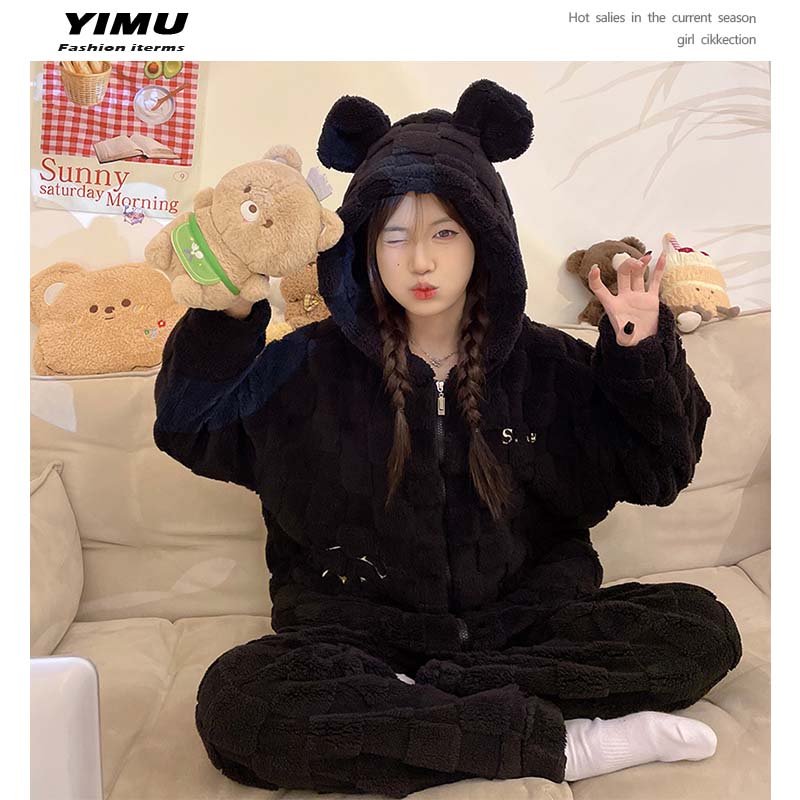 珊瑚绒熊头黑色睡衣女秋冬季2023新款加厚加绒可爱家居服拉链套装