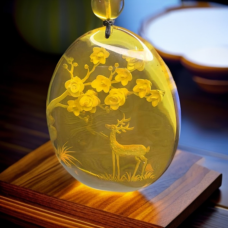 天然缅甸琥珀蓝珀手工雕刻吊坠51X41X15