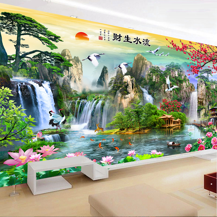 纯手工十字绣成品流水生财聚宝盆财源广聚客厅山水风景画已绣好的