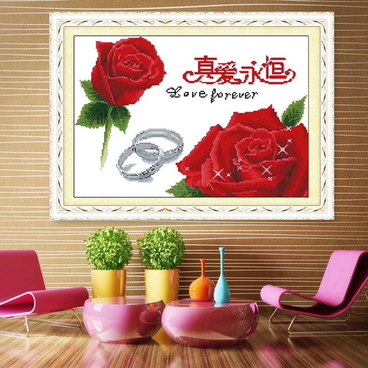 纯手工十字绣成品真爱永恒玫瑰红玫瑰客厅卧室婚庆结婚装饰画出售