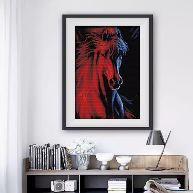 纯手工十字绣成品冰与火马到成功红色马头动物类客厅装饰挂画出售