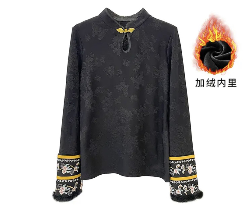 【诗潼】复古气质拼接绣花弹力打底长袖毛毛袖上衣