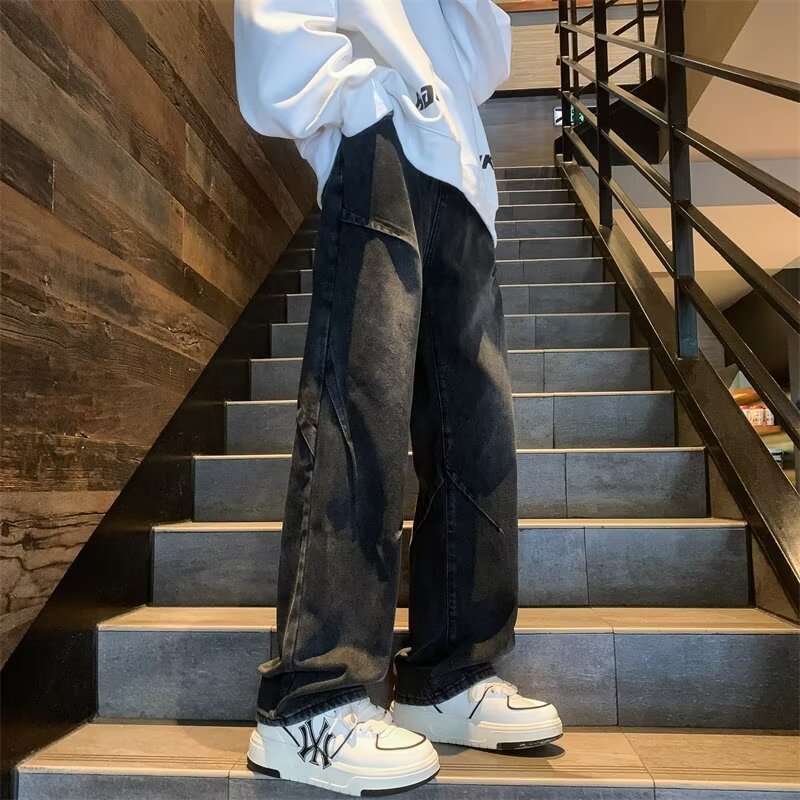 黑色薄款休闲男士拼接美式复古vibe潮流裤子设计感宽松直筒牛仔裤