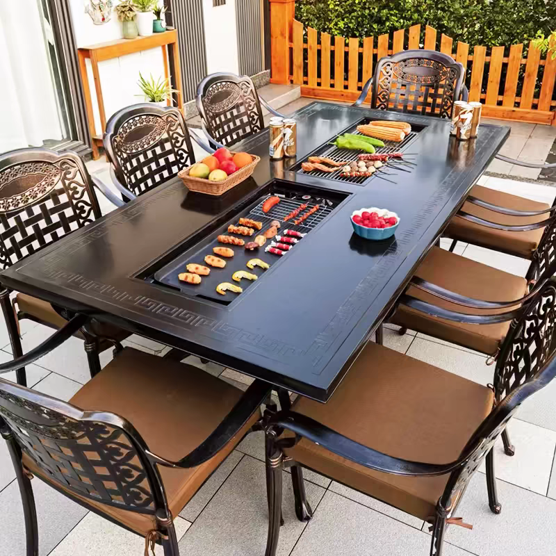户外铸铝桌椅电烧烤露台花园庭院露天家用外摆室外碳烤休闲铝桌椅