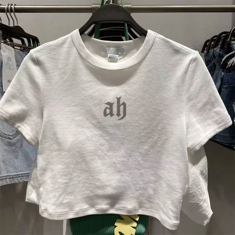 纯棉甜辣纯欲风辣妹高腰短款T恤女2024修身夏季小众印花短袖上衣
