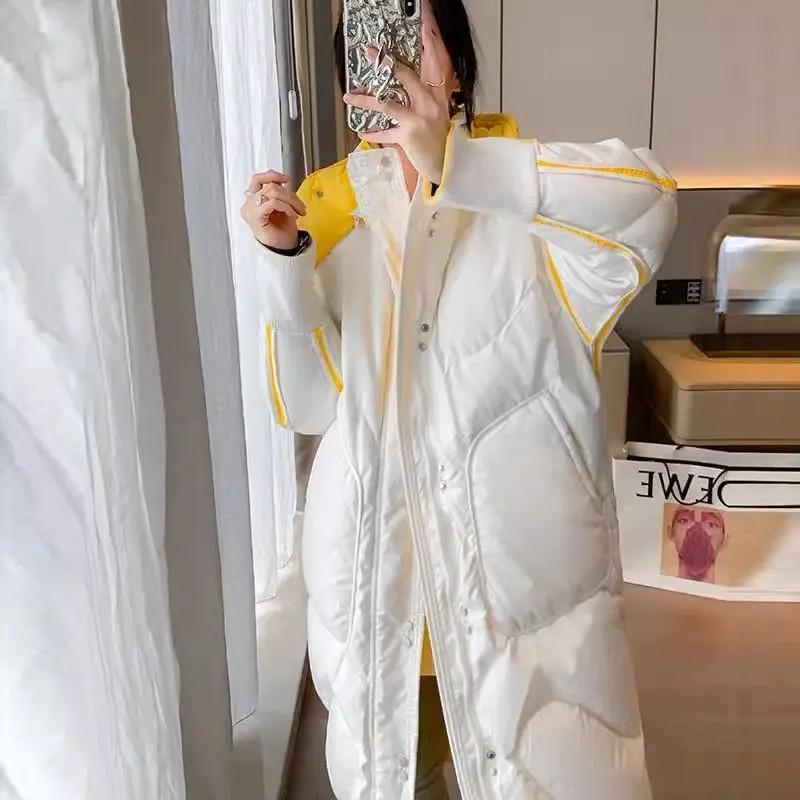 时尚2023杨羽绒服冬季外套百搭加厚男女长款两双面穿过膝拼色外套