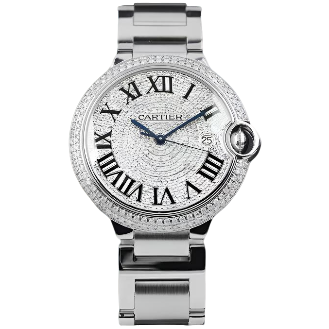 99新 Cartier/卡地亚 蓝气球满天星/42mm/满钻白盘钢机械手表男款