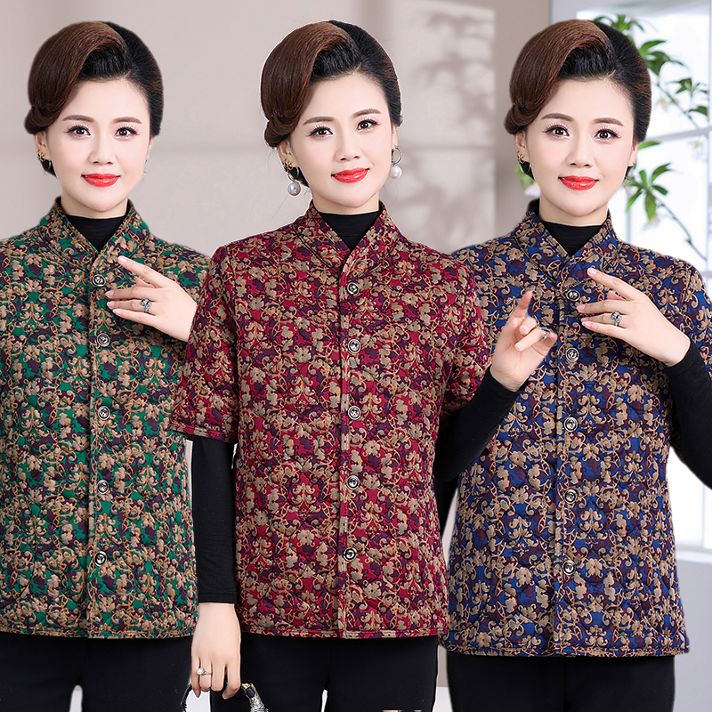 中老年女装加绒加厚保暖马夹女士小棉袄中袖开衫马甲宽松棉衣外套