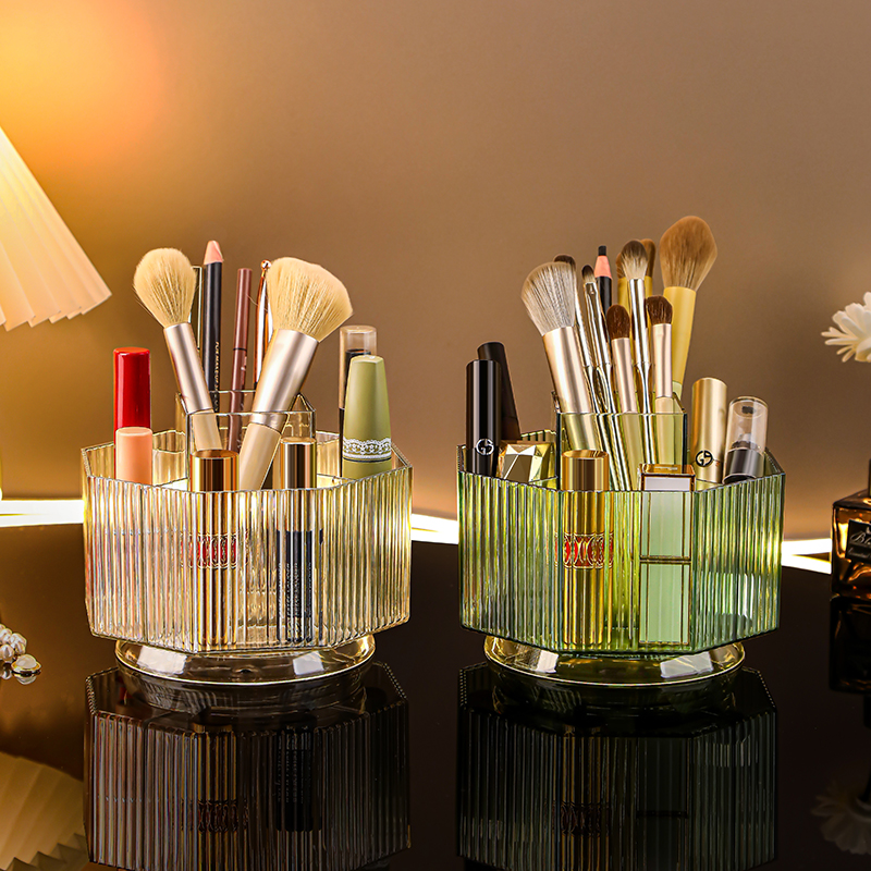 化妆刷收纳筒桌面大容量口红化妆品收纳盒透明旋转眉笔筒置物架子