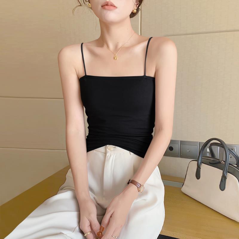 黑色短款小吊带背心女夏季内搭外穿性感一字肩打底带胸垫美背上衣