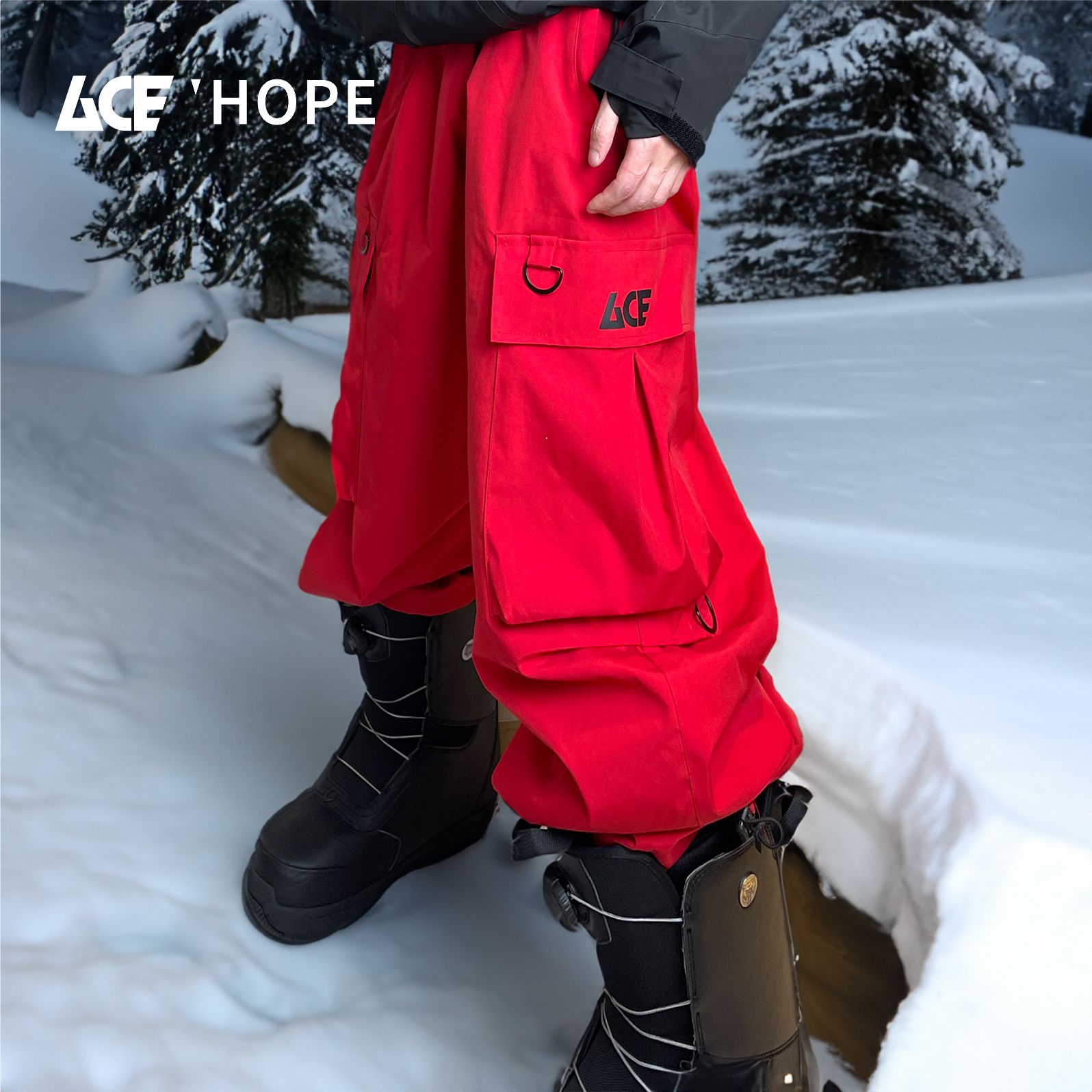 ACE HOPE红色工装单双板透湿耐磨滑雪裤防水防风宽松保暖oversize