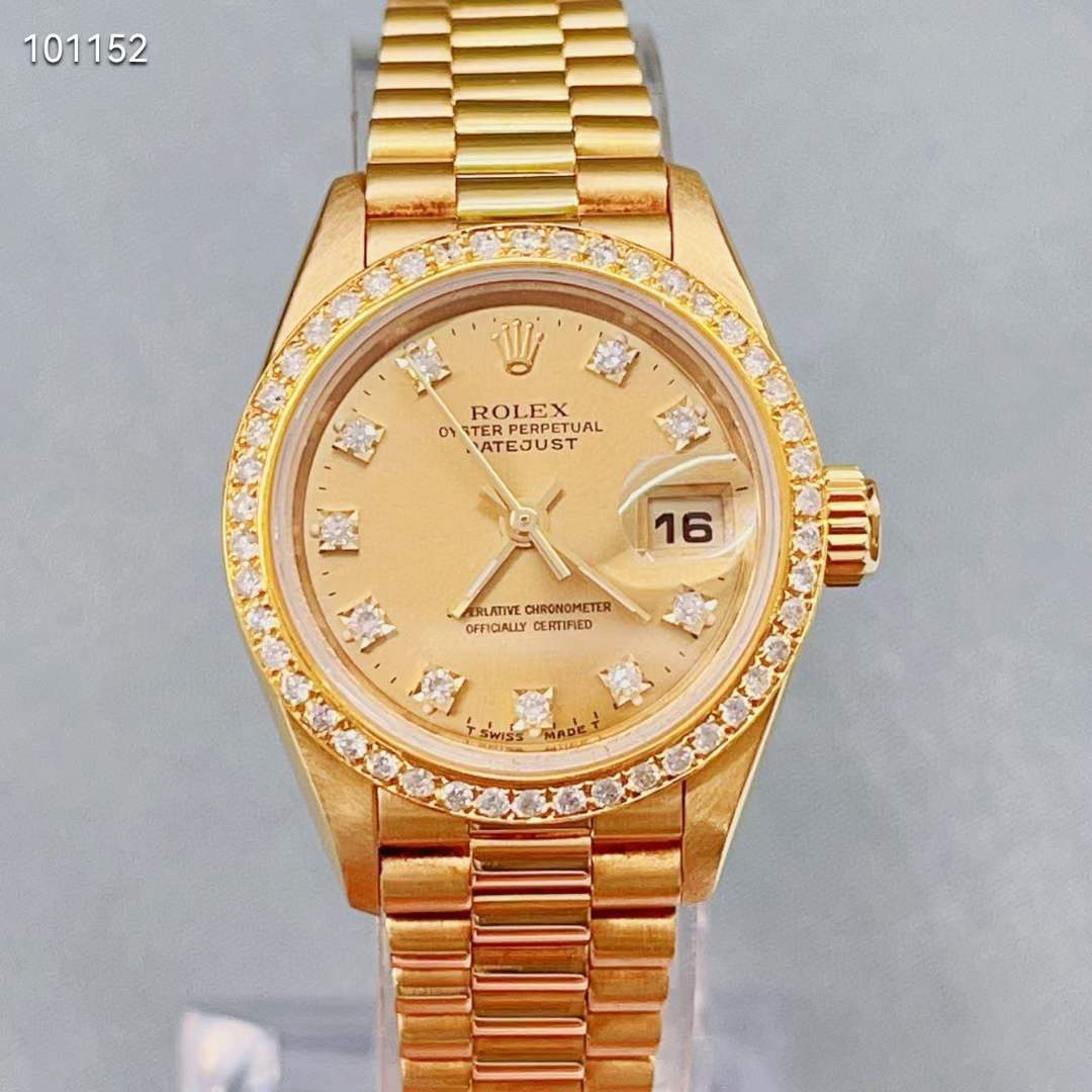 95新 Rolex/劳力士 日志型18k黄金内外后镶钻26表径机械腕表69178