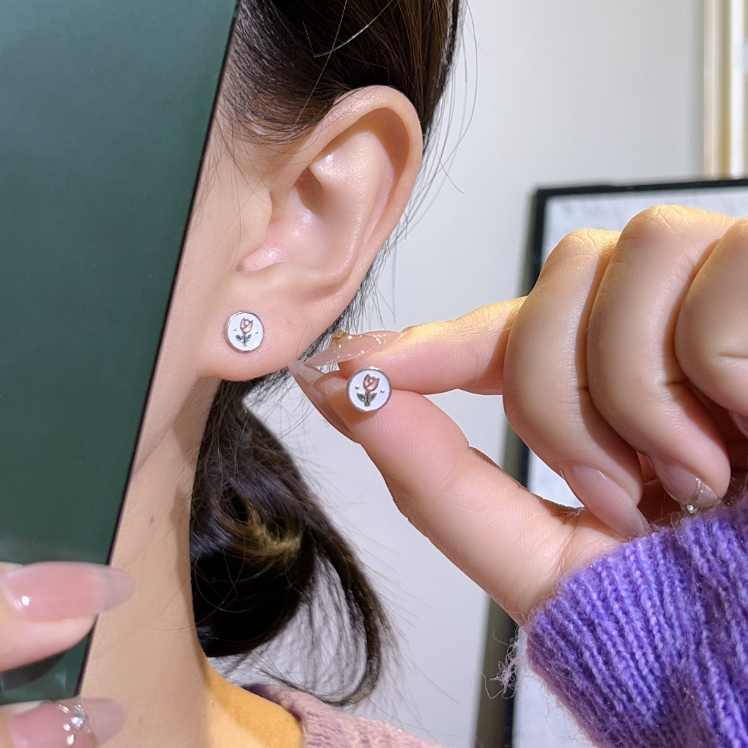 925银耳饰 纯银滴釉ins风小众设计感优雅气质迷你郁金香耳钉-350