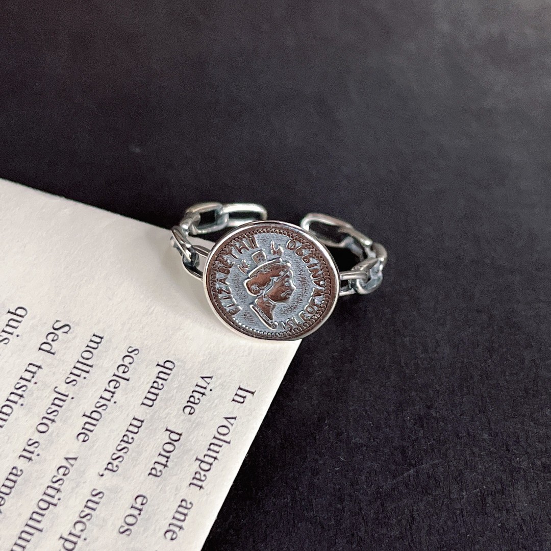 925银戒指 925纯银复古圆牌女王头像活口戒指-260