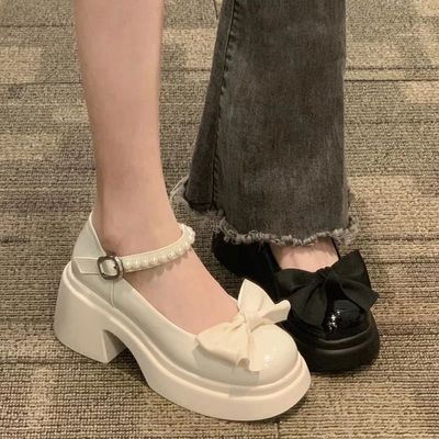 法式玛丽珍小皮鞋女2023春新款厚底增高蝴蝶结配裙子粗百搭复古