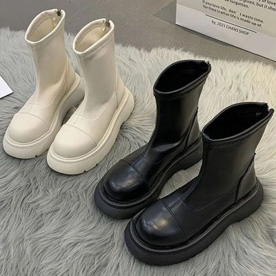 短筒靴女2022年春秋新款网红时尚百搭后拉链松糕厚底复古英伦风