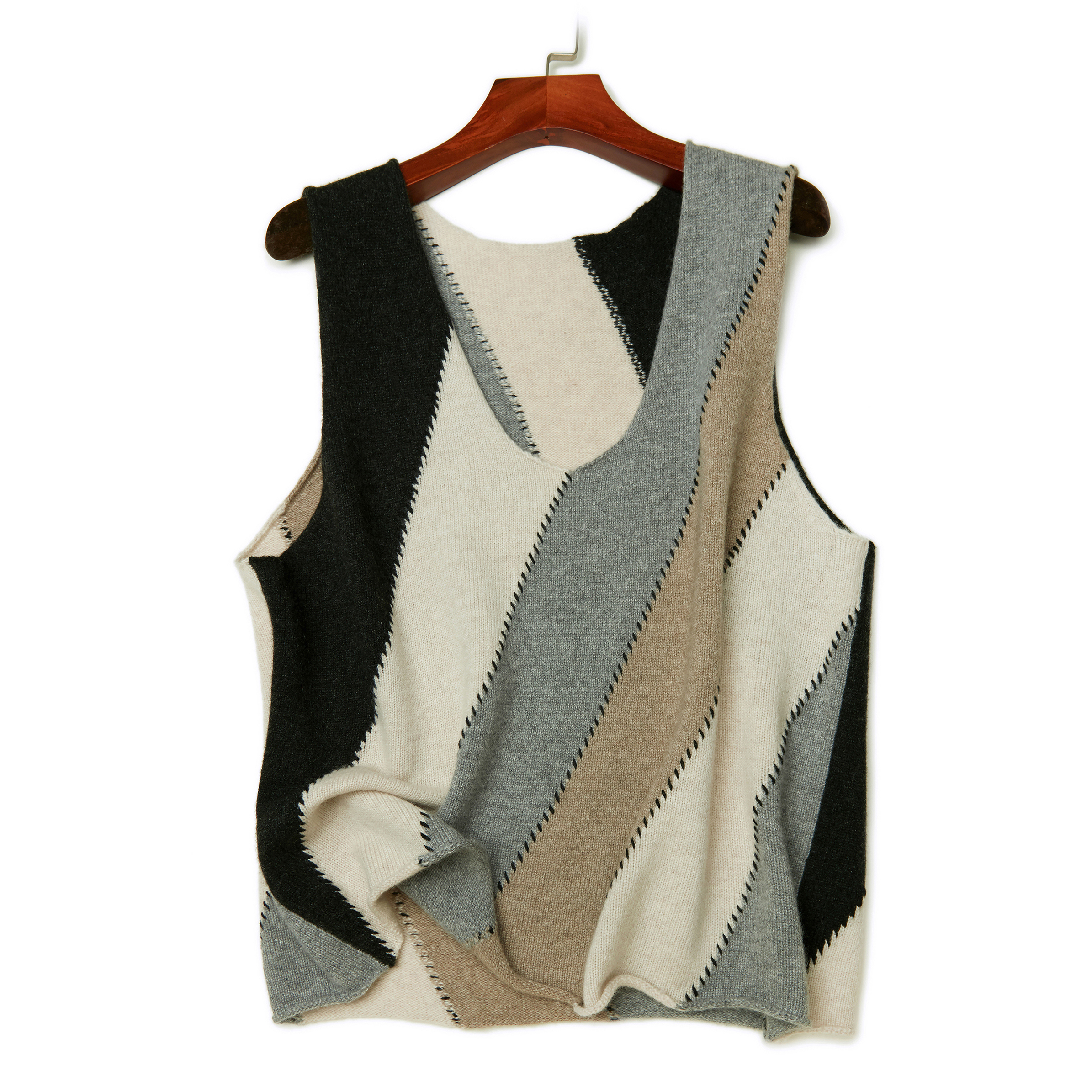 LEMAER乐玛尔 法国客户CASHMERE斜条纹&拼色设计大U领羊绒马甲