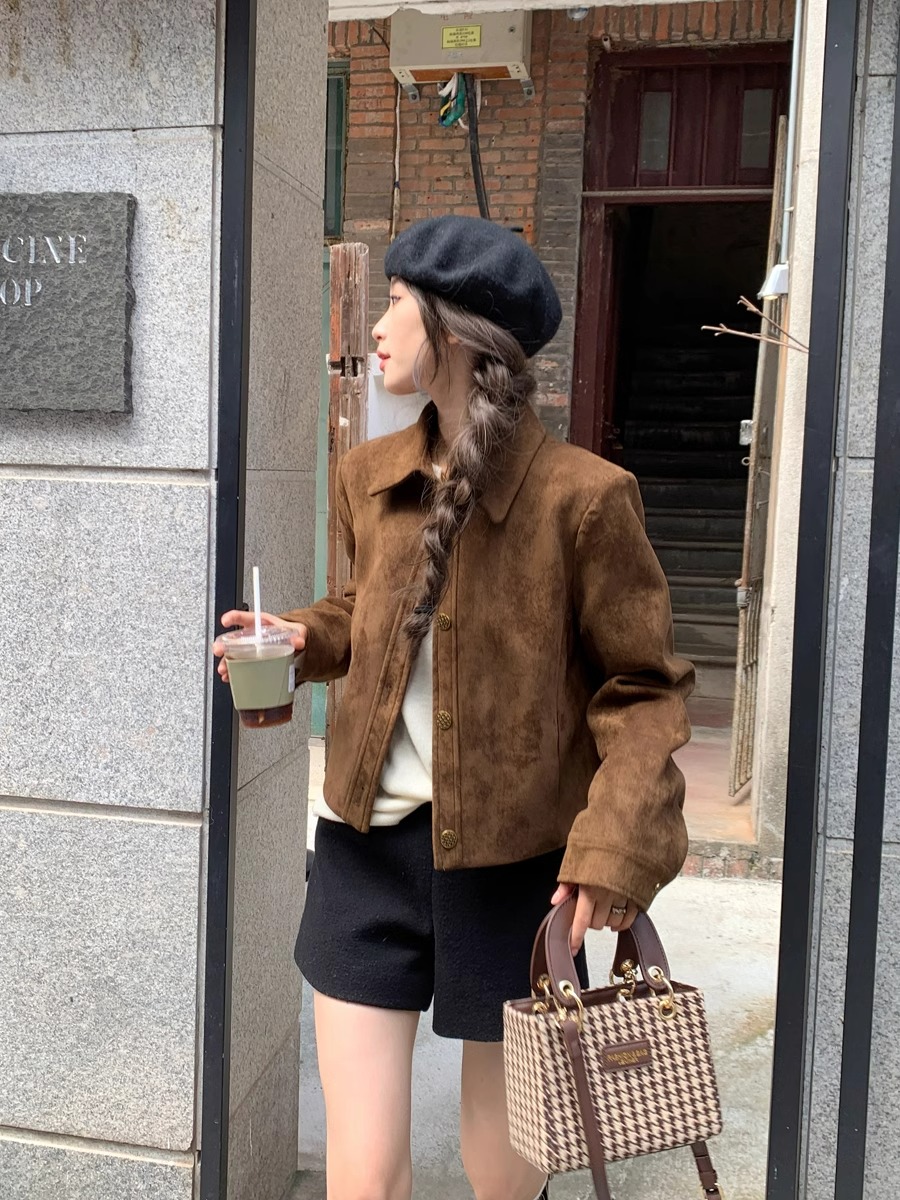 咖色麂皮短款外套女2025秋季新款宽松休闲复古百搭小个子夹克上衣
