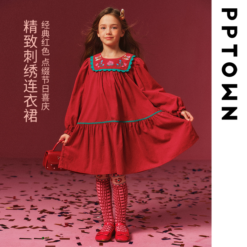 冬季喜庆女童连衣裙红色秋冬儿童红色裙子女童红裙子12611