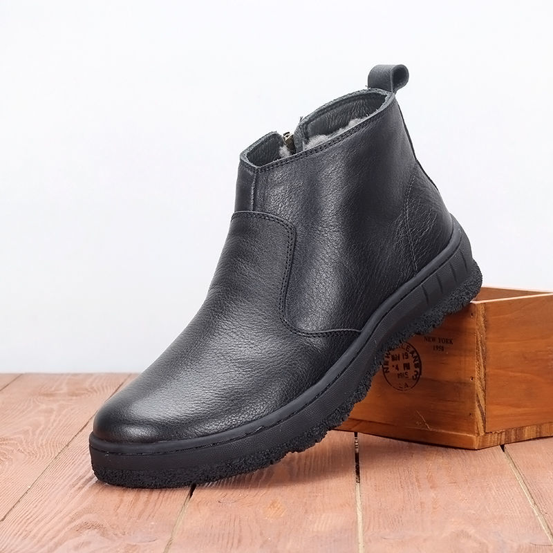 冬季真皮男士加绒加厚保暖纯羊毛棉鞋男舒适防滑公公鞋皮鞋爸爸鞋