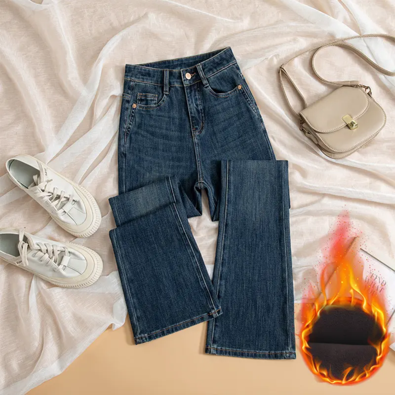 【YAN·慕斯蓝】2024冬季加绒加厚完美弹高腰微辣牛仔裤百搭显高显瘦