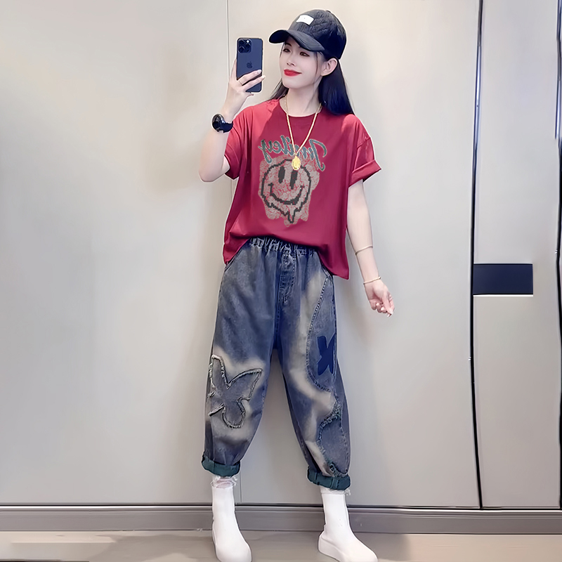 纯棉休闲套装女2024夏季新款时尚妈妈装洋气减龄短袖牛仔裤两件套