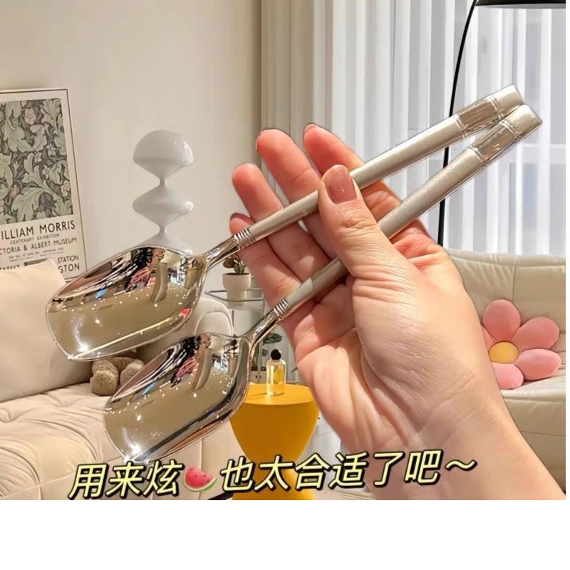 不锈钢加厚大号长柄勺子水果勺洗西瓜勺家用创意吃饭勺网红
