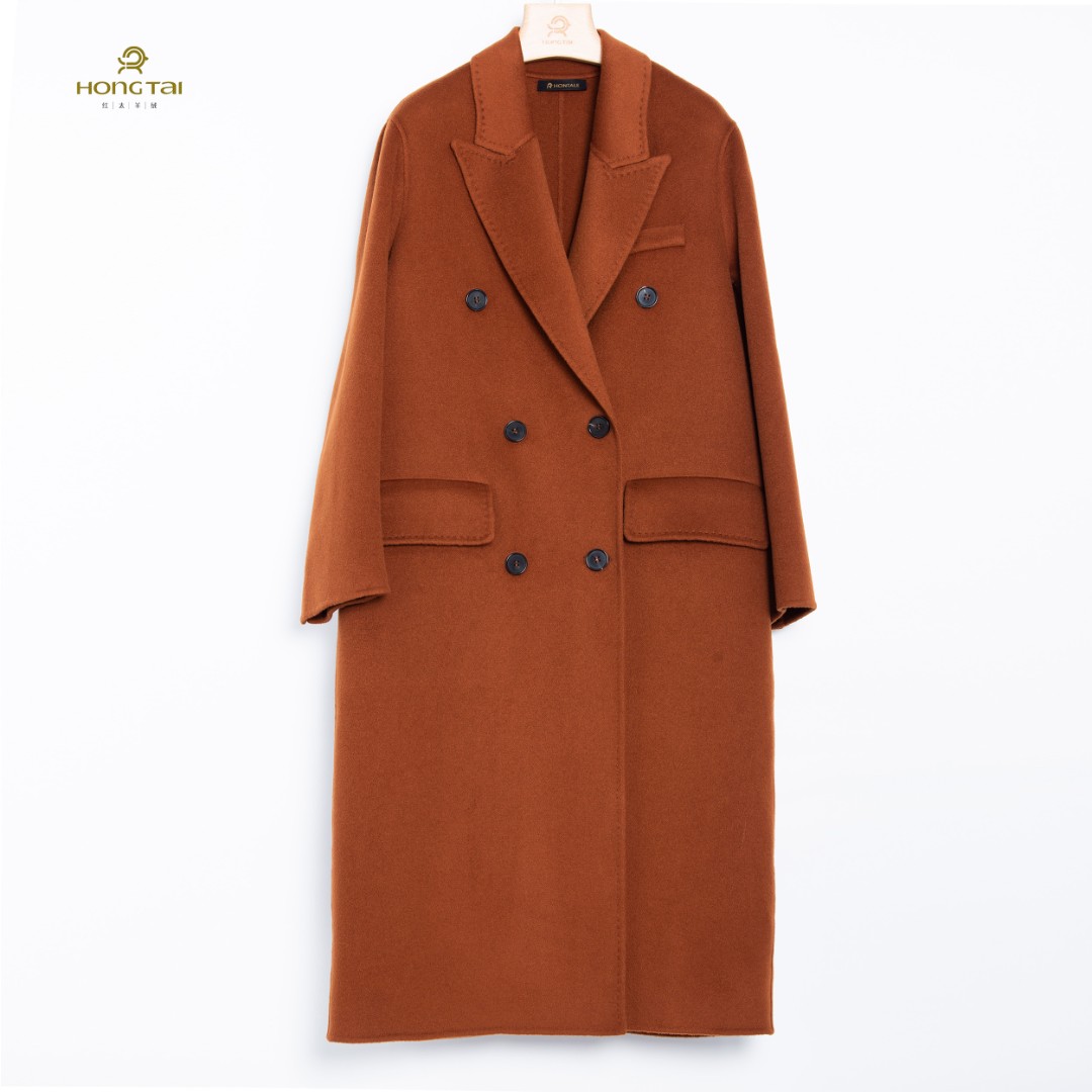 红太羊绒戗驳领长款翻领女大衣双面呢双排扣毛呢女士DW8101中长款