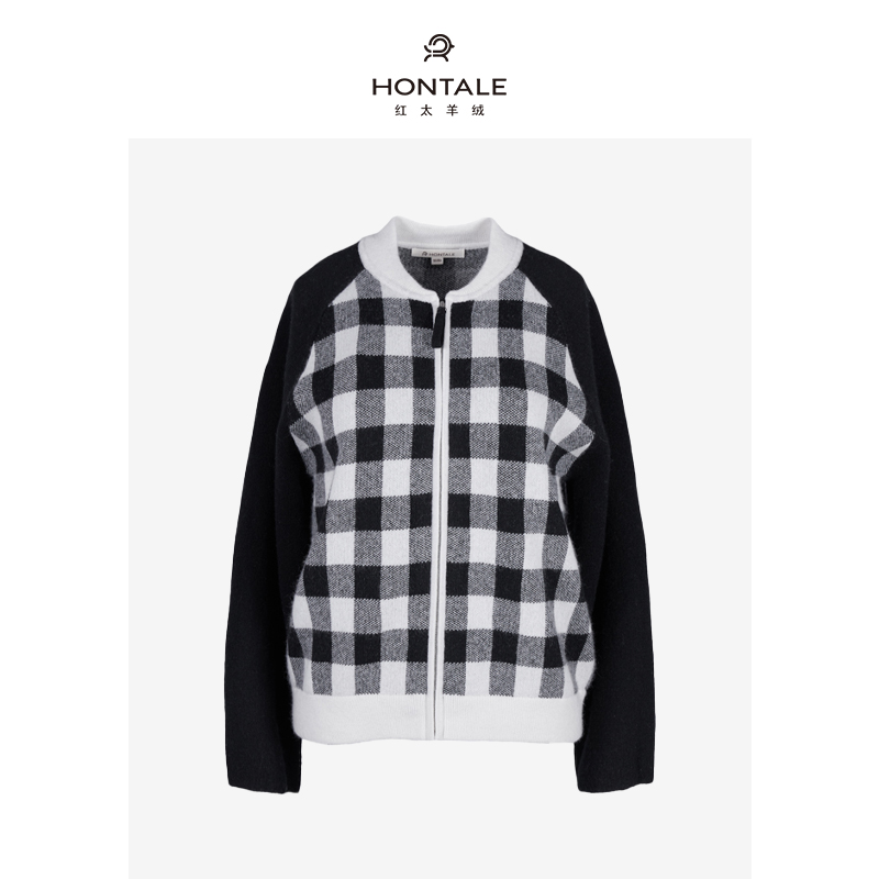 红太秋冬针织运动格子黑白棒球领格纹女外套121ZW016