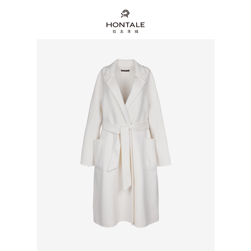 红太重工系带轻奢纯色翻领宽松长款女大衣DW10101-1