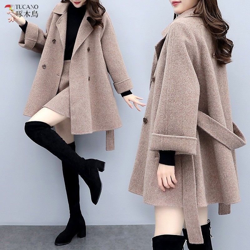 啄木鸟秋冬季新款小香风两件套毛呢外套时尚短裙呢子半身裙套装女