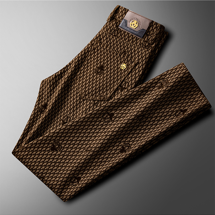 秋冬新款加绒加厚时尚植绒提花男士休闲裤弹力直筒轻奢潮流男裤