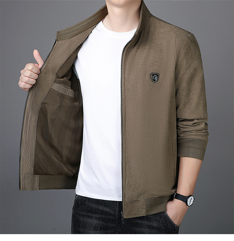 秋冬加绒加厚休闲立领高端灯芯绒夹克高档潮流中年爸爸装舒适外套
