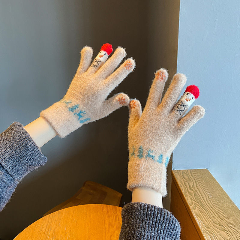 毛线手套女冬季可爱雪人针织可触屏加厚保暖骑行车五指冬天防寒棉
