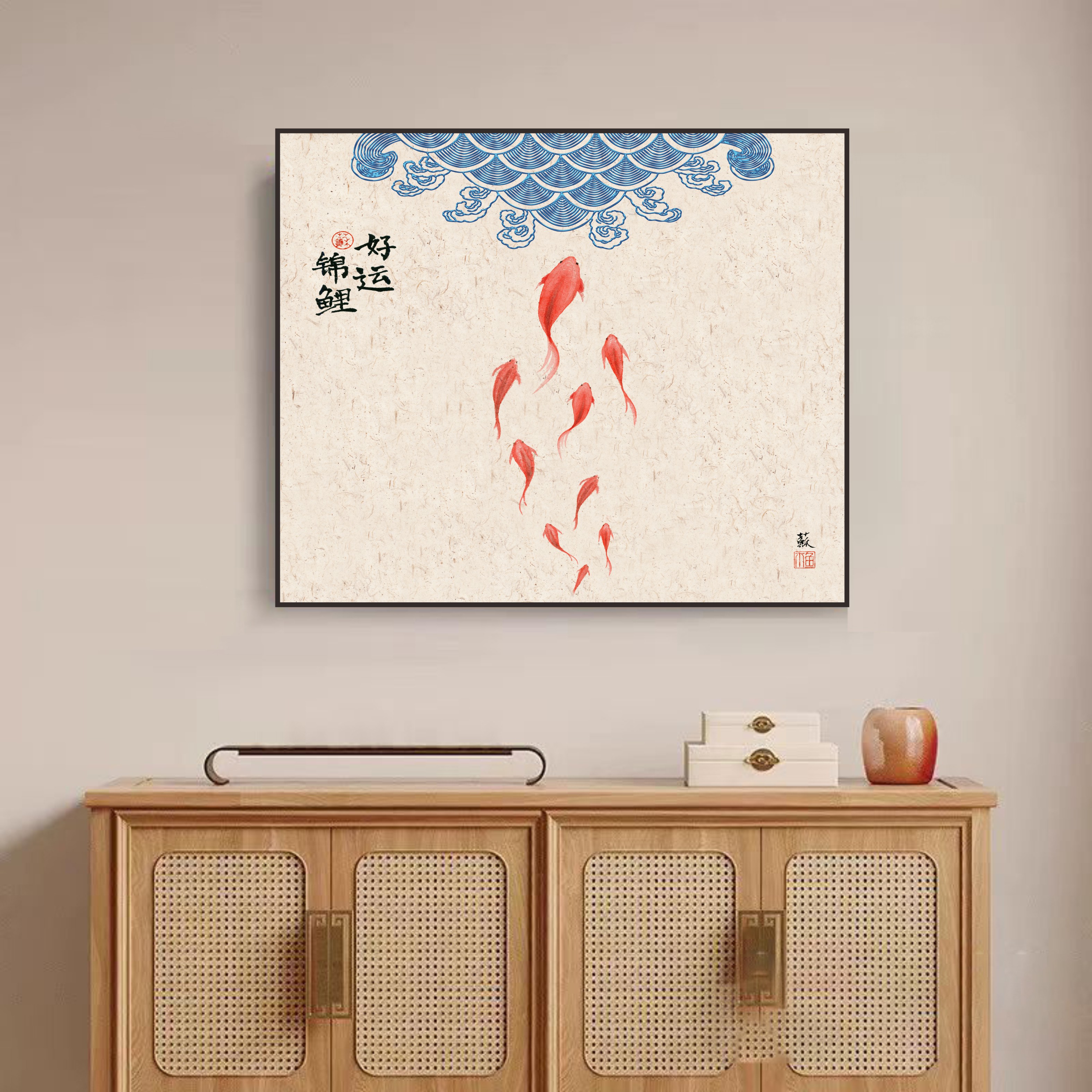 砂岩九鱼图电表箱画装饰画总开关电源箱挂画新款免打孔5060