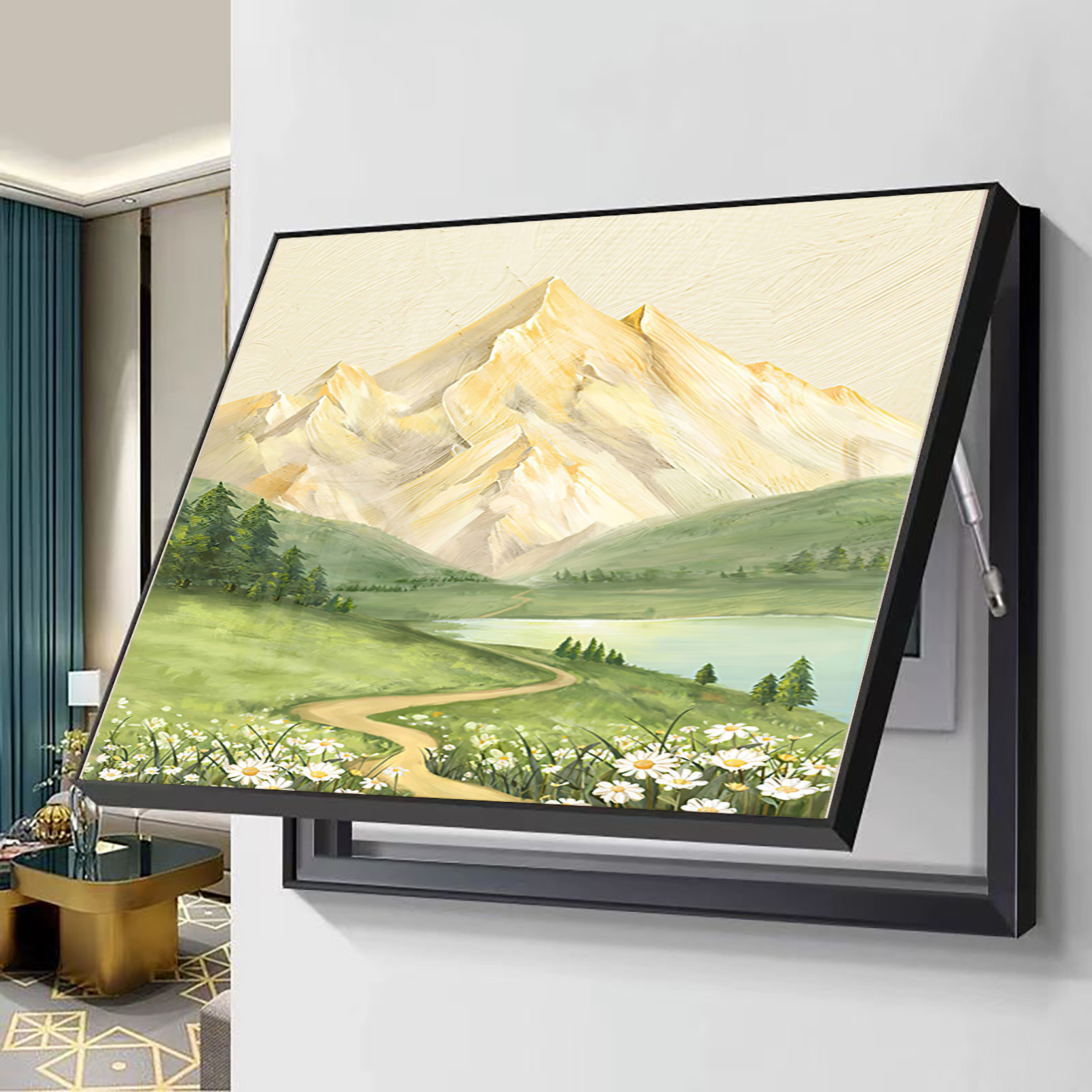 砂岩日照金山奶油风电表箱遮挡装饰画简约现代挂画5060