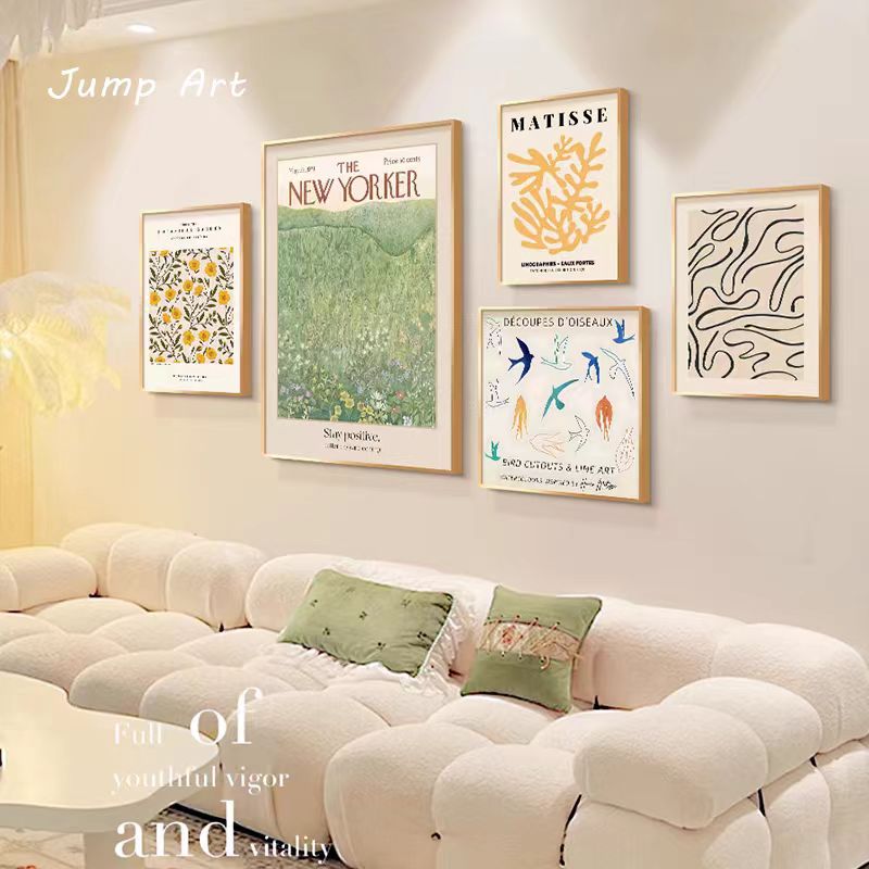 奶油原木风客厅沙发背景墙组合装饰画北欧高级感挂画花卉壁画五联