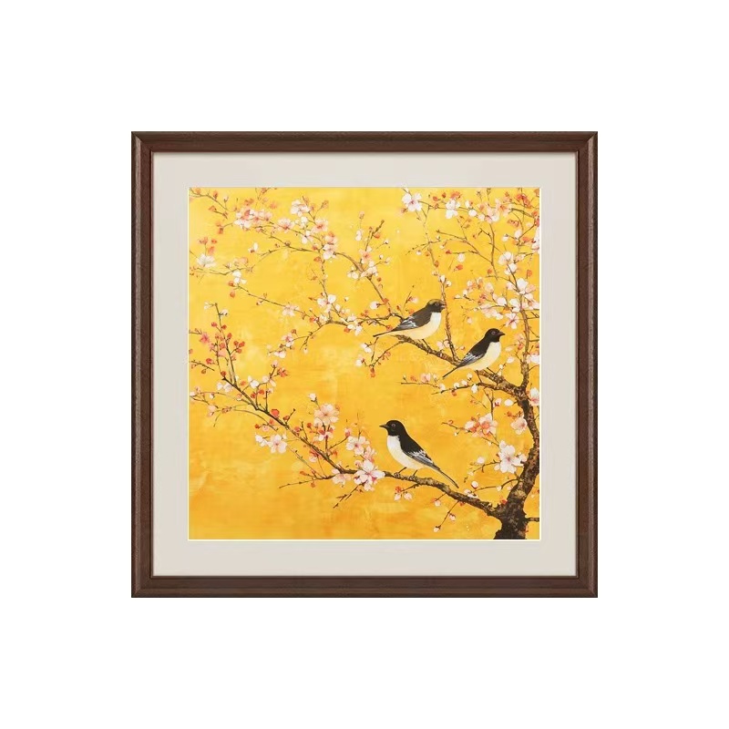 手工砂岩鸟语花香中古风新中式寓意好玄关柜挂画卧室餐厅挂画6060