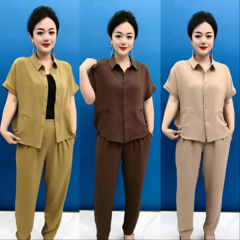 【高品质】新款套装时尚显瘦妈妈装大码短袖夏季百搭遮肚两件套