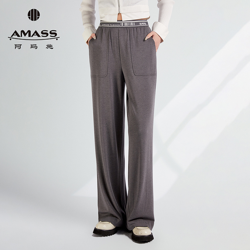 AMASS阿玛施2024秋季新款字母刺绣高腰弹力阔腿休闲长裤5100686
