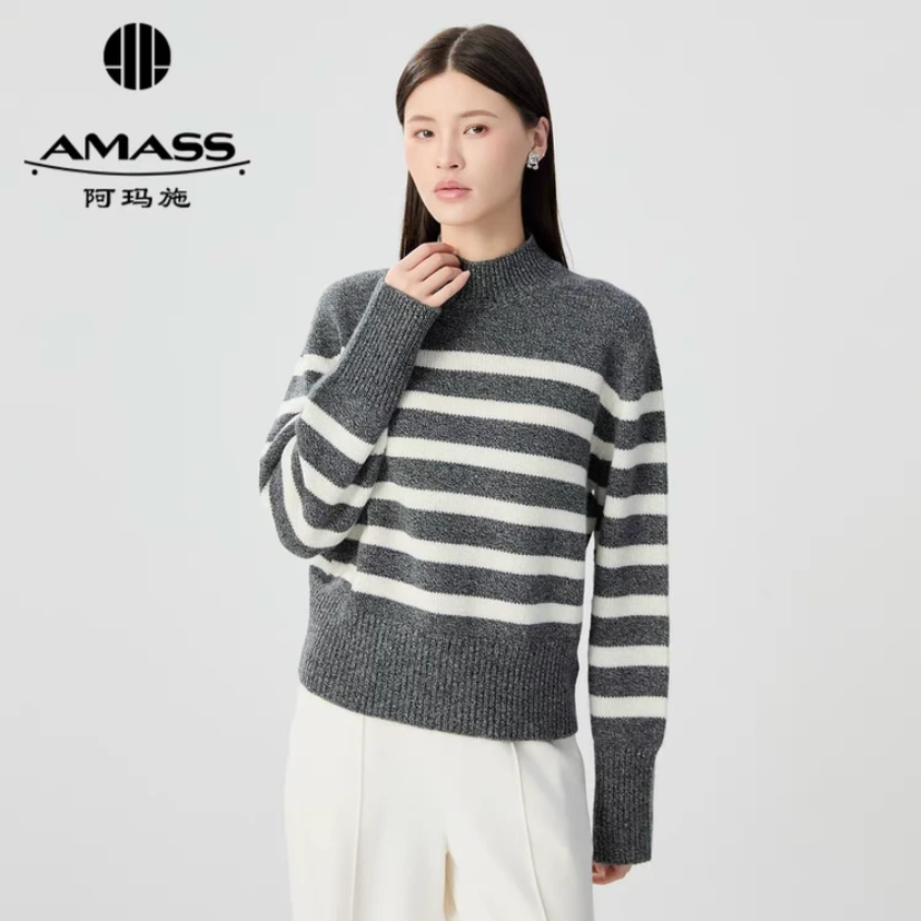 AMASS阿玛施新款舒适松弛感羊绒无缝粗针条纹套头针织衫女5399774