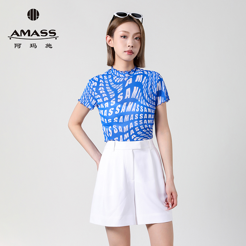 AMASS/阿玛施 时尚潮流字母短袖T恤夏季木耳领修身上衣女5300603