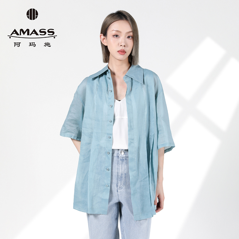 阿玛施AMASS春夏时尚新款直身宽松通勤麻料短袖衬衫带飘带5301002