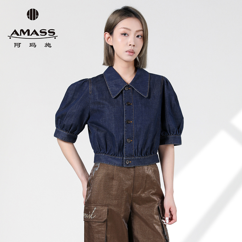 阿玛施AMASS夏季新款时尚复古百搭短款牛仔上衣短袖外套女5301114